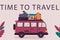 Hand drawn travel background, minibus rides with suitcases Vector illustration