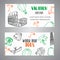 Hand drawn travel gift certificate banners. Tourism and summer sketch voucher with travelling elements baggage, Eiffel