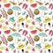 Hand drawn travel seamless pattern with umbrella, hat, swimming suit, coctail, ice cream, ball, lifebuoy, sun glasses