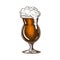 Hand drawn tulip beer glass full of dark beer with liquid foam. Beautiful vintage beer mug or snifter with dropping