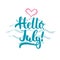 Hand drawn typography lettering phrase Hello, july with heart and waves on the white background. Fun