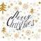 Hand drawn typography phrase Merry Christmas print with gold snowflakes