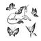 Hand drawn unicorn and butterflies outline sketch. Vector magic black ink drawing isolated on white background. Graphic