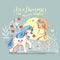 Hand drawn unicorn and cute girl card. Vintage, beautiful sketchy illustration of little girl feeding the unicorn with red apple