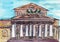 Hand drawn urban sketch watercolor illustration. Bolshoi theater. Historical building. Ancient architecture. Russian culture. City