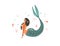 Hand drawn vector abstract cartoon graphic summer time underwater illustrations with coral reefs,fish and mermaid girl