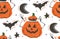Hand drawn vector abstract cartoon Happy Halloween illustrations seamless pattern with bats,pumpkins,moon and stars