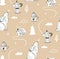 Hand drawn vector abstract cartoon scandinavian Christmas outdoor landscape seamless pattern with rabbit,coffee,mug