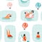 Hand drawn vector abstract cartoon summer time fun illustration seamless pattern with swimming people in swimming pool