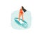 Hand drawn vector abstract cartoon summer time fun illustrations icon with swimming surfer girl on longboard in blue