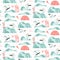 Hand drawn vector abstract cartoon summer time graphic illustrations artistic seamless pattern with flying sea gulls