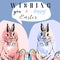 Hand drawn vector abstract collage funny poster with realistic rabbits,Easter eggs and Happy Easter quotes in pastel