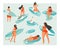 Hand drawn vector abstract collection of cute funny people in swimwear surfing in sea or ocean. Bundle of happy surfers