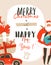 Hand drawn vector abstract fun Merry Christmas time cartoon illustration greeting card tag with Santa Claus,car,surprise