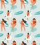 Hand drawn vector abstract fun summer time fun illustration seamless pattern with group girls,surfboards and unicorn