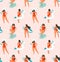 Hand drawn vector abstract fun summer time illustration seamless pattern with group girls,surfboards and unicorn floats