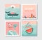 Hand drawn vector abstract graphic cartoon summer time flat illustrations cards template collection set with beach