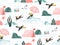 Hand drawn vector abstract graphic cartoon summer time flat illustrations seamless pattern with camping tent,dogs,toucan