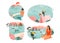 Hand drawn vector abstract graphic cartoon summer time flat illustrations sign collection set with girl,mermaid,camping
