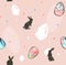 Hand drawn vector abstract graphic rustic textured collage Happy Easter cute greeting seamless pattern with cute bunny