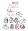 Hand drawn vector abstract Happy Easter scandinavian greeting card template design with bunnies and Easter eggs isolated