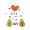 Hand drawn vector abstract Happy Valentines day concept illustrations card with avocado couple,pizza and handwritten