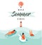 Hand drawn vector abstract summer time fun illustration with swimming happy people in water with lighthouse,hot air