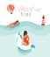 Hand drawn vector abstract summer time fun illustration with swimming happy people in water with lighthouse,hot air