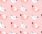 Hand drawn vector abstract summer time fun seamless pattern with pink flamingo float and unicorn swimming pool buoy