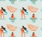 Hand drawn vector abstract summer time seamless pattern with surfers girl in bikini on the beach and tropical palm