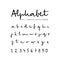 Hand drawn vector alphabet, font, isolated lower case letters and numbers written with marker or ink. Calligraphy