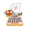 Hand drawn vector card with typewriter and heart. Scandinavian style illustration, love design for valentine`s day.