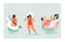 Hand drawn vector cartoon summer time fun beach girls collection illustration set with swimming pool float unicorn and