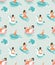 Hand drawn vector cartoon summer time seamless pattern with girls,pool floats,dog,dolphin an surfboard isolated on blue