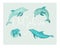 Hand drawn vector cartoon tropical dolphins illustration set in blue colors isolated.