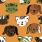 Hand drawn vector cats and dogs seamless pattern. Cute animals heads with emotions illustration for children