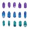 Hand drawn vector crystals set isolated on the white background. Green, blue and purple gemstones