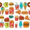 Hand drawn vector doodle icons for fast food menu, restaraunt