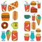 Hand drawn vector doodle icons for fast food menu, restaraunt