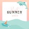 Hand drawn vector funny summer time illustration poster with surfer dog on surfboard,jumping dolphin and modern