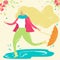 Hand-drawn vector girl walks in the rain with an umbrella and walks through the puddles.. Springtime