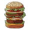 Hand drawn vector huge hamburger on sesame bun