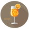 Hand drawn vector illustration of Aperol Spritz alcohol cocktail with a citrus orange slice decoration, in a brown circle