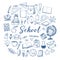 Hand drawn vector illustration - Back to school background. Sketch design elements. Education, study, teacher, school supplies. P