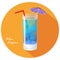 Hand drawn vector illustration of Blue lagoon popular summer cocktail, in orange circle with long shadow and text.