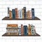 Hand drawn vector illustration of book on shelves. bookshelves on white brick wall.