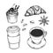 Hand drawn vector illustration - Coffee set croissant, cupcake,