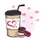 Hand drawn vector illustration with coffee to go cup and mini ma