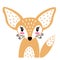 Hand-drawn vector illustration of a cute fox. Orange fennec fox in flat style. Isolated icon on white background.