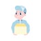 Hand drawn vector illustration of delivery man portrait hold box. Boy service workers in blue uniform.